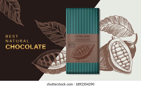 Ads Banner with realistic Chocolate package and  engraved cacao plants background. Vector illustration