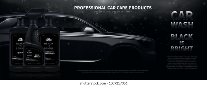 Ads banner template with car wash products. Vector illustration with shining silhouette of car on black background with light beams and effect bokeh. Bottles with different  washing products.