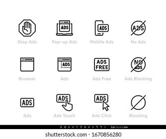 Werbeblocker, Werbeverbot, Entfernen von Vektorsymbol-Symbolen für Werbung. Bearbeitbare Linie auf weißem Hintergrund