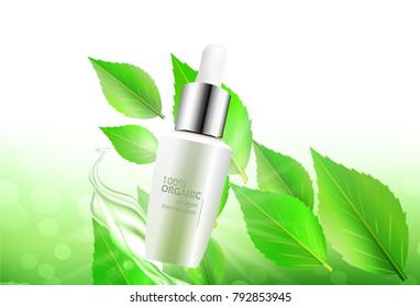 Ads bottle of natural cosmetics with leaves pattern