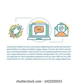 Ads campaign launch article page vector template. Digital marketing. Brochure, magazine, booklet design element with linear icons and text boxes. Print design. Concept illustrations with text space