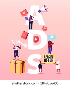 Ads Concept. Promoter Character Advertising, Online Public Relations and Affairs. Megaphone Alert, Propaganda Speech, Pr Social Media Promotion Poster Banner Flyer. Cartoon People Vector Illustration
