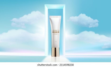 Anuncios de productos cosméticos con puerta de vidrio y fondo de nube. Plantilla de anuncios de paquetes realistas de Cosmetics Vector 