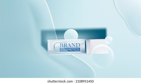 Ads Of Cosmetic Product For Skin Care With Soap Bubbles And Waterdrop . Skincare Cream, Body Lotion, Poster Template Mockup For Promoting Your Brand. 