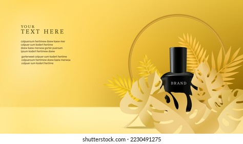 Ads cosmetics on a luxury theme with beautiful gold tropical leaves decorations in 3d illustration top view
