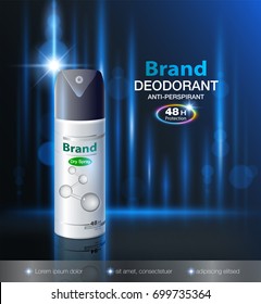 Ads deodorant dry spray packaging Can protect up to 48 hours.
Mockup template, realistic packaging on a modern background
Vector realistic file eps10.