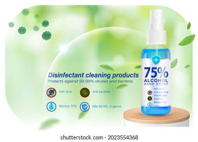 Anuncios Productos desinfectantes para la limpieza de las manos pulverizadores 75% de componentes de alcohol, matan hasta el 99,99% de los virus, bacterias y gérmenes de covid-19 en un fondo verde claro borroso. Archivo realista.