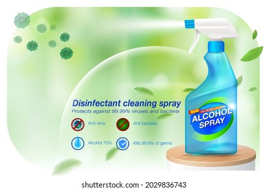 Ads Disinfectant cleaning spray hand sanitizer spray 75% alcohol components, kill up to 99.99% of covid-19 viruses, bacteria and germs on a blurred light green background. Realistic file.