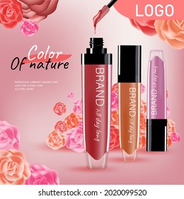 Ads fashion cosmetic collection. Lipstick with rose flower petals. pastel color  style organic cosmetics background. White and pink soft color romantic vector illustration design.