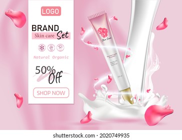 Ads fashion cosmetic collection. Skincare with rose flower petals. pastel color style organic cosmetics background. White and pink soft color romantic vector illustration design.