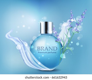 Ads female spirits. Vector bottle with drops of perfume and lavender flowers