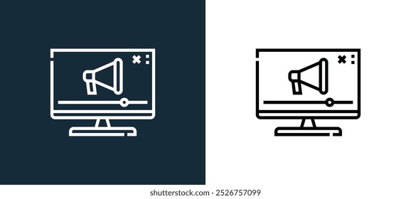 ícone de anúncios isolado em cores brancas e pretas. anúncios contorno ícone vetorial linear da coleção de jogos online para aplicativos móveis, web e ui.