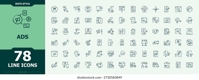 Ads icon set. Campaign icon set. Thin linear style icons. Includes symbols for market, campaign, advertising, marketing and more. Editable stroke. Pixel Perfect.