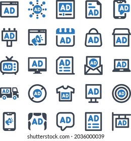 Ads Icon Set - Vektorgrafik . Werbung, Werbung, Marketing, Werbung, Medien, Symbole . (Blue Series)