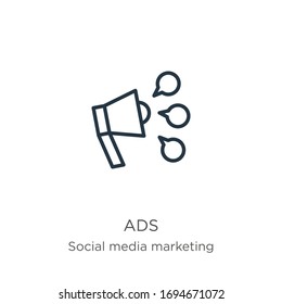 Anzeigen-Symbol Dünne lineare Anzeigen umreißen Symbol einzeln auf weißem Hintergrund aus der Sammlung für Social Media-Marketing. Vektorillustration der Linie, Symbol für Web und Mobilfunk