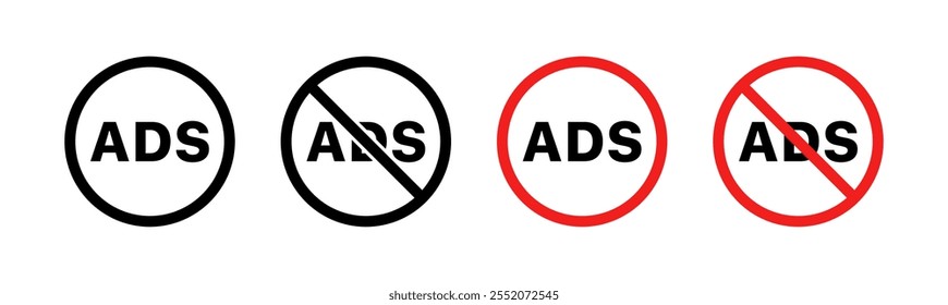 ADS and No ADS icon set. Linear style. Vector icons