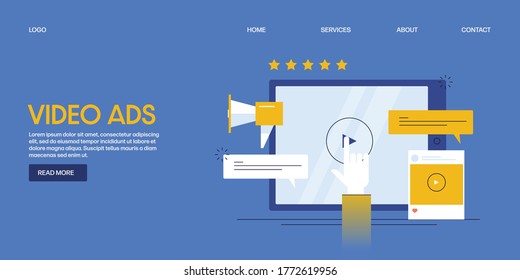 Ads On Video Promotion, Advertising On Video Network, Online Display Advertising, Content Marketing - Conceptual Vector Illustration