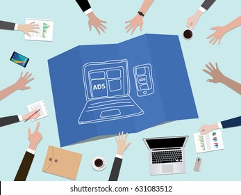 ads placement concept illustration with hand team work together on top of the table vector