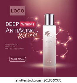 Ads red luxury Cosmetic with professional facial serum on the background of waves and light Effect. Template cosmetic products  Element for design, advertising, promotion of cosmetic