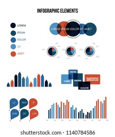 Ads Report Visualisation Inforgaphic Elements Vector Set. Blue, Brown, Pie Chart, Circle Diagram, Rating, Target, Success, Flowchart Presentation Icons. Data Collection Inforgaphic Elements