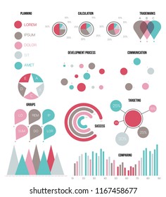 Ads Report Visualisation Inforgaphic Elements Vector Set. Blue, Brown, Pie Chart, Group Diagram, Rating, Target, Success, Flowchart Presentation Concept. Data Collection Inforgaphic Elements