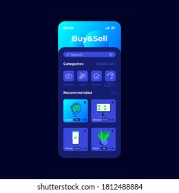 Ads and reselling app smartphone interface vector template. Mobile app page night mode design layout. Recommended products function screen. Flat UI for application. Reselling goods phone display