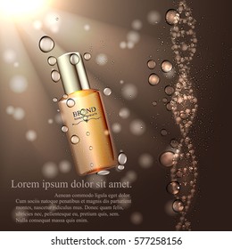 Ads skin toner pattern, the layout of glass bottle for advertisement or magazine. The bottle under the water against the DNA chain of air bubbles.