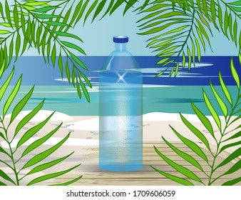 Ads for soft drinks. A bottle of clear water on a background of blue sea, white sand and palm leaves.