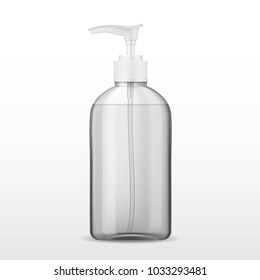 Ads template, blank skin care mockup with realistic plastic bottle with dispenser airless pump. Pharmaceutical container with transparent liquid gel, soap, lotion, cream, shampoo, bath foam.