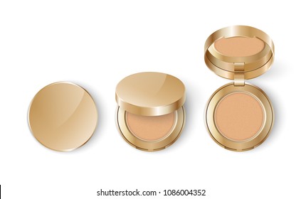 Ads Template Mockup Realistic Cosmetic Makeup Cheek Blush Compact Or Face Concealer Powder In Gold A Pack On A White Background.