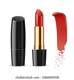 Ads template mockup realistic makeup cosmetic lipstick and smears lipsticks in black a pack on a white background.