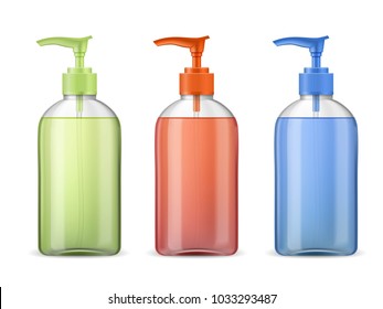 Ads template mockup realistic plastic bottle with batcher pump, three full container with green, red and blue transparent liquid gel, soap, lotion, cream, shampoo, bath foam on a white background