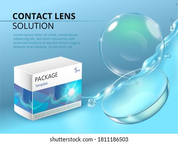 Ads template with realistic contact lens, water splash and medicine package. Blue advertising background.