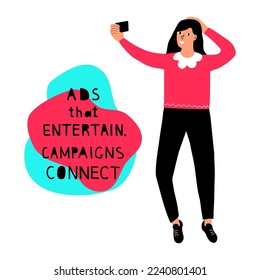 "Ads that entertain. Campaigns that connect" a flat vector banner template with a hand-drawn style on a white background. Motivational advertising slogans in blue, black and pink colors. With girl.