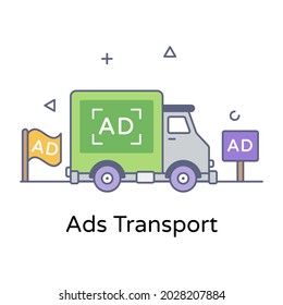 Transporte de anuncios, vehículo de medios vector de contorno plano 