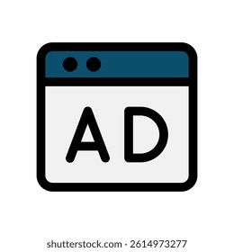 Ads Vector Design for Online Marketing Campaigns. Advertising icon illustration, digital promotion concept, ad placement tools. Filled Line Icon