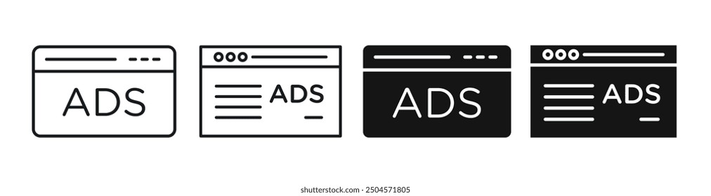 Ads vector icon set. Advertisement sign with online display PPC video ad symbol in black color. Ideal for app and website