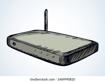 Adsl wlan cable system on white backdrop. Outline black hand drawn online office media laptop logo pictogram concept design in modern art doodle cartoon graphic style on paper text space. Closeup view