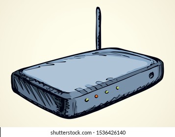 Adsl wlan cable system on white backdrop. Outline black hand drawn online office media laptop logo pictogram concept design in modern art doodle cartoon graphic style on paper text space. Closeup view