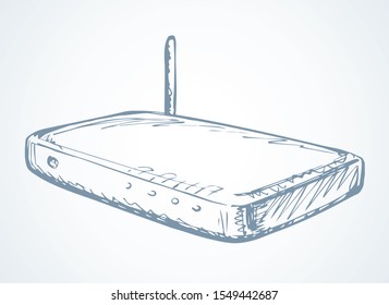Adsl wlan cable system on white backdrop. Outline black hand drawn online office media laptop logo pictogram concept design in modern art doodle cartoon graphic style on paper text space. Closeup view