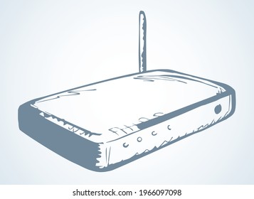 Adsl wlan cable system on white backdrop. Outline black hand drawn online office media laptop logo pictogram concept design in modern art doodle cartoon graphic style on paper text space. Closeup view