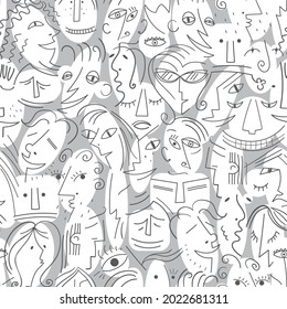 Adstract cute faces of people. Line art. Seamless pattern. Vector illustration.