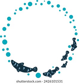 Adstract school of fish and bubble water wreath frame illustration for decoration on ocean , coastal living style and nautical concept.