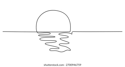 AdSunset einzeilige Skizze. Kontinuierliche Doodle-Art-Zeichnung, einfacher linearer Sonnenaufgang über Meer Illustration. Bearbeitbarer Strich, einzeilige Sunset-Skizze. Kontinuierliche Doodle-Art-Zeichnung, einfacher linearer Sonnenaufgang