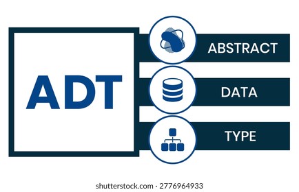 ADT, ABSTRACT DATA TYPE acronym. Concept with keyword and icons. Flat vector illustration. Isolated on white.