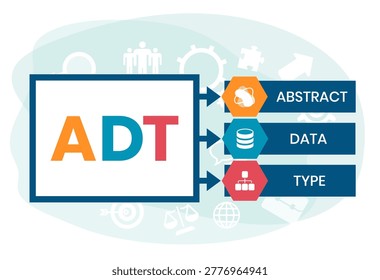 ADT, ABSTRACT DATA TYPE acronym. Concept with keyword and icons. Flat vector illustration. Isolated on white.