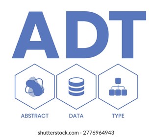 ADT, ABSTRACT DATA TYPE acronym. Concept with keyword and icons. Flat vector illustration. Isolated on white.