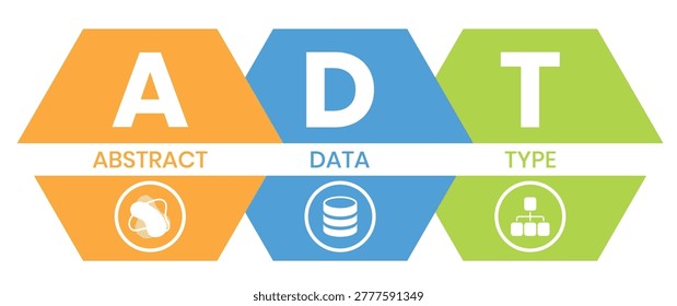 ADT, ABSTRACT DATA TYPE acronym. Concept with keyword and icons. Flat vector illustration. Isolated on white.	
