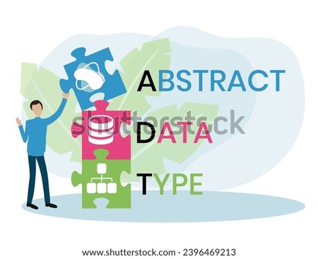 ADT, ABSTRACT DATA TYPE acronym. Concept with keyword and icons. Flat vector illustration. Isolated on white.