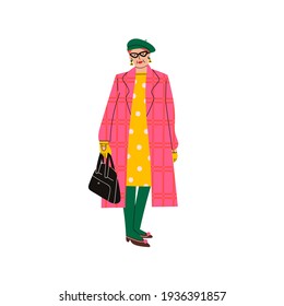 Aduld senior confident Lady. Bright clothing and accessories. Old and mature woman standing in trendy clothes. Modern fashion look. Hand drawn Vector illustration. Cartoon style. Print template